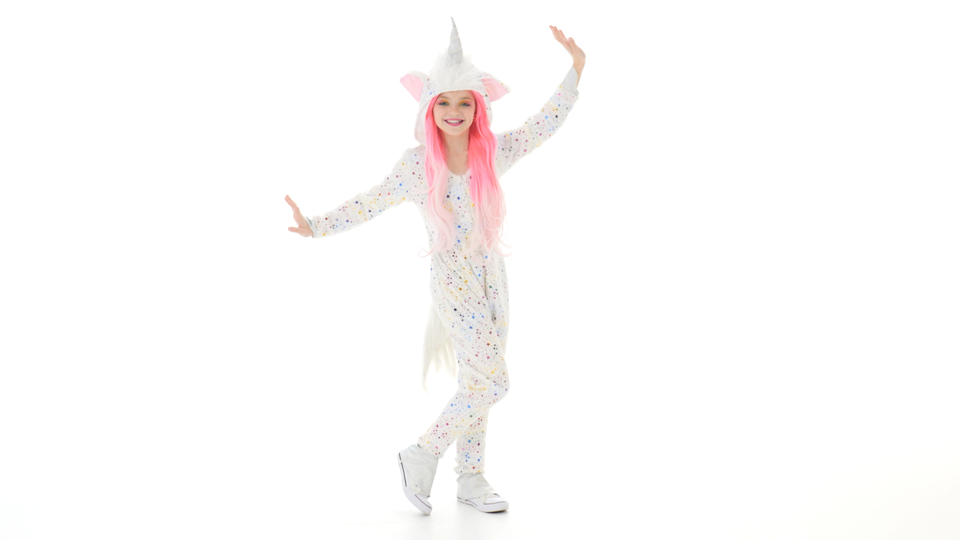 Transform your child in to a mystical unicorn with this exclusive Girl's Magical Unicorn Costume. It features a unicorn jumpsuit with a rainbow star print and an attached silver unicorn horn.